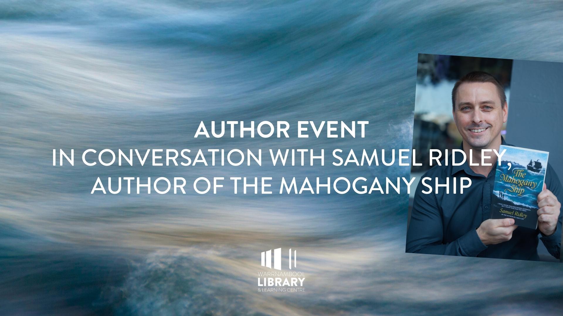 Background of painted blue waves overlayed with a photo of author holding their book